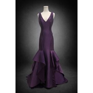 Monique Lhuillier Collection Plum Mermaid Gown Ruffle Train Prom Dress Wedding